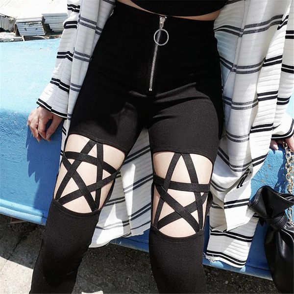 

daddy chen casual vintage hole pants slim high waist trousers black bandage pencil pants women high street punk pantalones mujer, Black;white