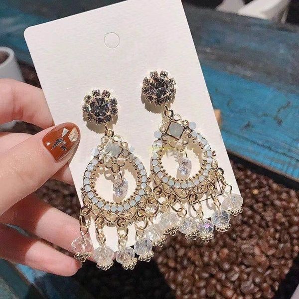 

mengjiqiao 2019 new baroque style statement big circle crystal tassel dangle earrings for women shiny rhinestone drop pendientes, Silver