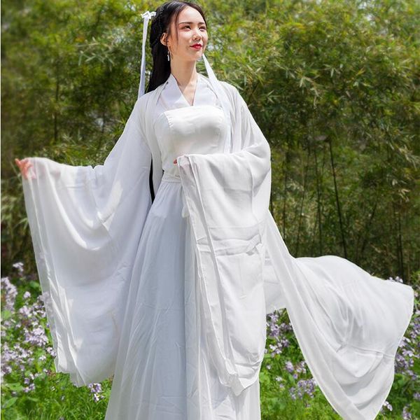 Asiatischer Hanfu-Anzug mit weiten Ärmeln, weißes Feenkleid, Guzheng-Performance-Porträtkostüm, Tang-Langanzug, chinesisches antikes Kostüm
