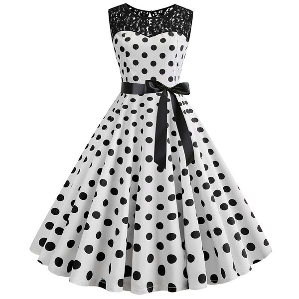 

women 1950s vintage polka dot lace midi dress 50s 60s summer floral print belt pleated swing dress, Black;gray