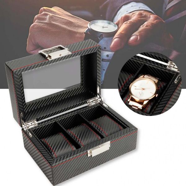 

3 grids portable travel watch display storage box case organizer with lock watch collector box durable for storage holder, Black;blue