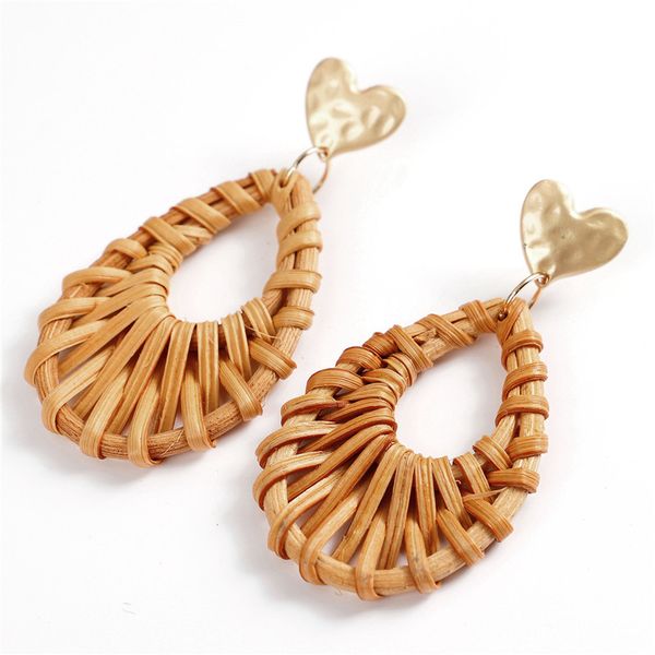

fashion geometric love heart bamboo straw rattan water drop pendant dangle earrings for women simple summer beach party, Silver