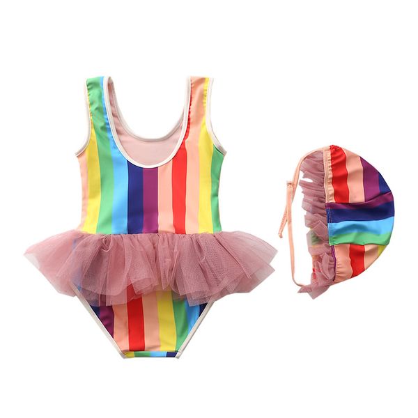 

new children's fashion swimwear kids baby princess swimsuit striped rainbow skirt girl's one-piece beach wear with hat yz20050, Black