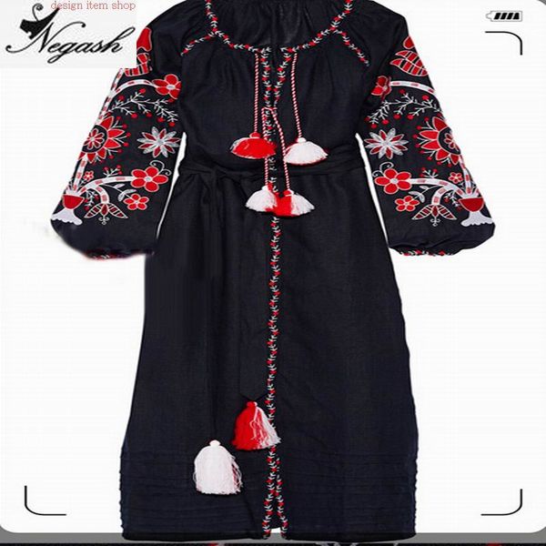

new design bohemian long dress vestido loose cotton embroidered vintage dress plus size ladies noble linen lantern sleeve, Black;gray