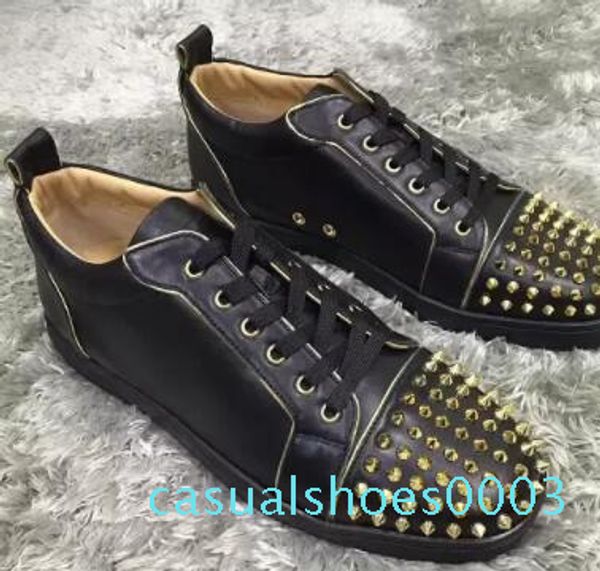 

men's sneaker shoes party dress wedding low junior spikes red bottom glitter leather shoes,luxury red sole leisure outdoor flats c03, Black