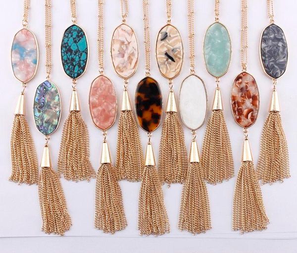 

2018 christmas gifts 11 colors option leopard resin tortoise natural turquoise abalone oval shaped with tassel pendant long necklace, Silver