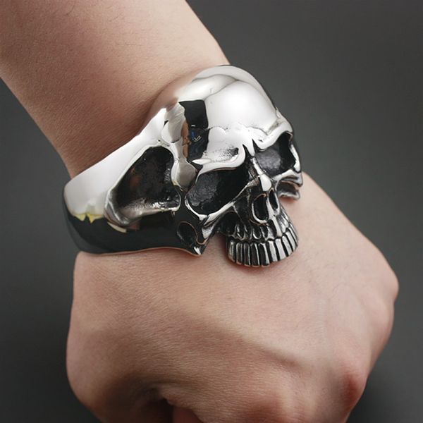 

retro skeleton knight bracelet armband huge heavy skull mens biker rocker punk bracelet adjustable size open bangle jewelry, Black