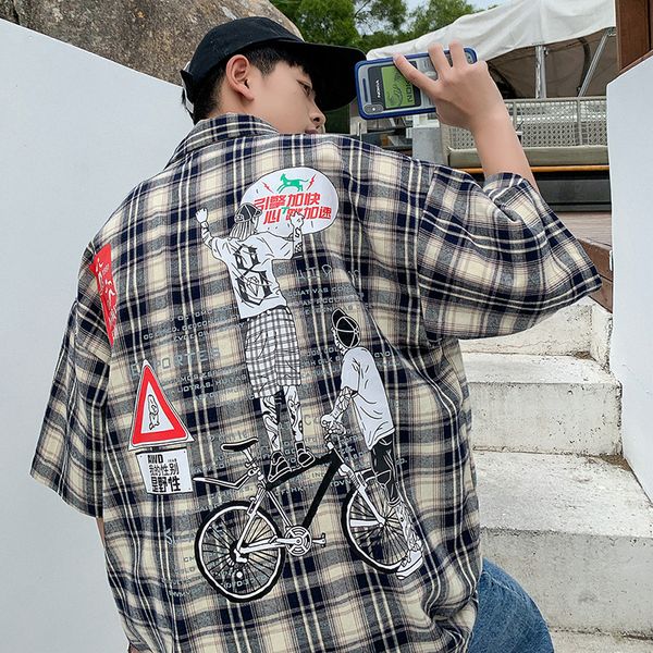 

men's short sleeve plaid flannel shirts men casual korean fashion dress xxxl 2019 summer hip hop streetwear shirt male cs44, White;black