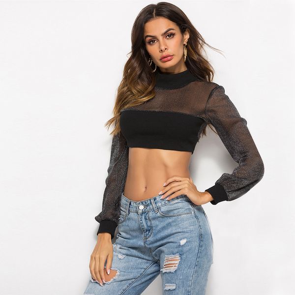 

черная прозрачная рубашка женская водолазка тонкая блестящая сетка черная укороченная футболка с длинным рукавом 2019 весна лето топы секси, White