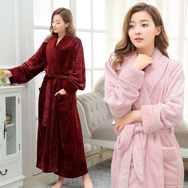 

winter warm flannel bathrobe women length bath robe soft thick cute bridesmaid robes female dressing gown sleepwear, Black;red