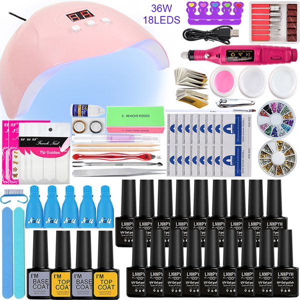 

nail set 10/12/18 color nail gel varnish polish manicure set with 36w uv led lamp electric drill machine kit tools