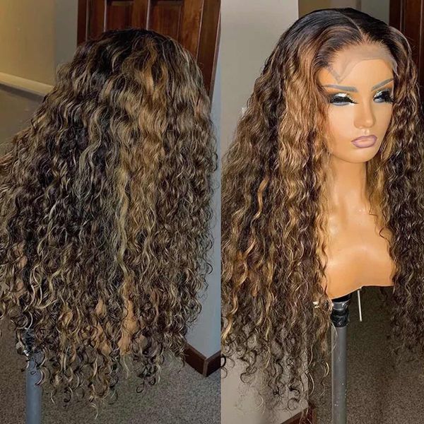 Kinky Curly Highlight 13x4 Lace Front Perücken Echthaar, 10A brasilianisches Remy Haar Ombre Braun bis Blonde Frontalperücke vorgezupft für schwarze Frauen 150 % Dichte diva2