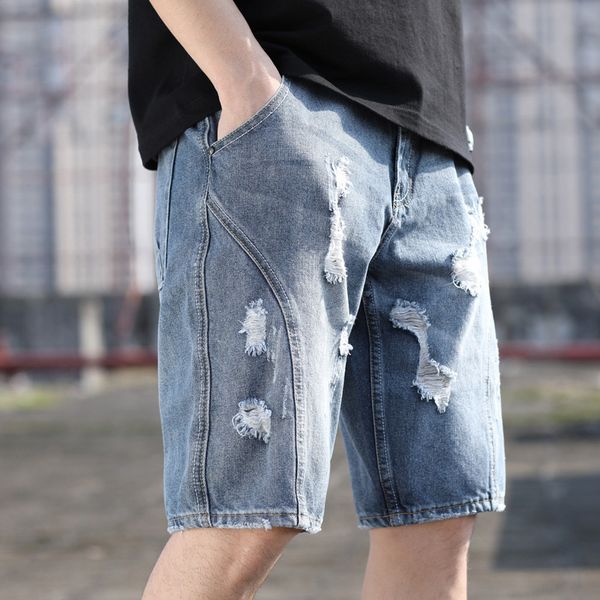 

2019 summer mens destroy wash knee length jeans ripped jeans for men loose short denim pants distressed big size 40.42, Blue