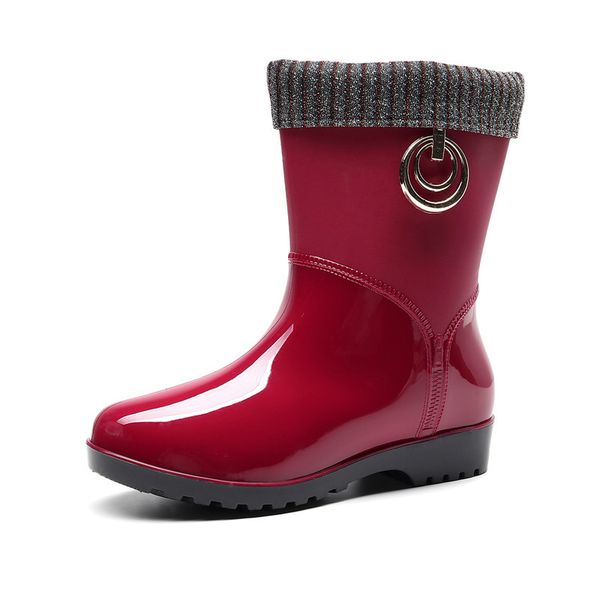 

lady new women pvc fur warm rain boots solid short tube low heel female shoes waterproof jelly rubber boots candy colorghn, Black