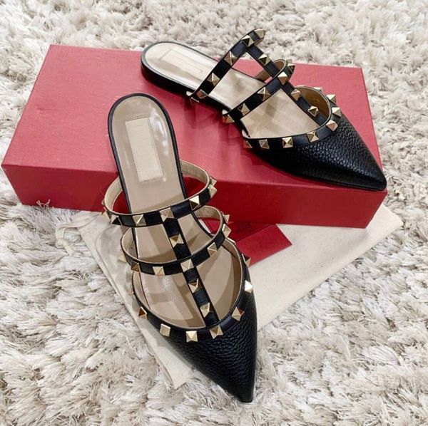 

summer women pointed toe sandals slippers studs flip flops beach rivets designer lady slides solid with box,eu35-43, Black