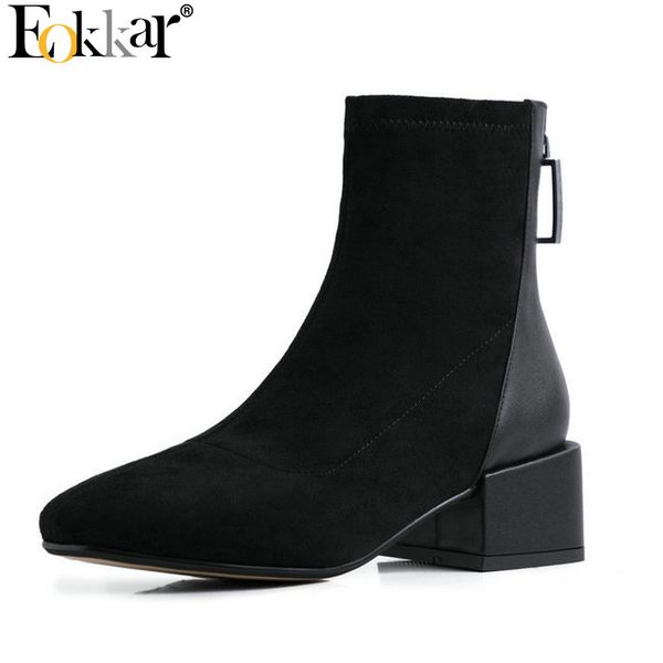 

eokkar 2020 women ankle boots zipper winter warm boots square high heel all match square toe ladies shoes size 34-39, Black
