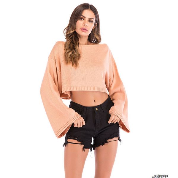 

womens designer sweater season trumpet sleeve navel sweater solid color word collar pullover shirt womenp4b7h, White;black