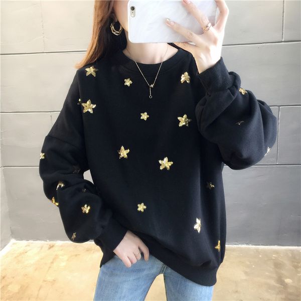 

plus size streetwear sudaderas mujer 2019 oversized women clothes sweatshirt kawaii sweat embroidery sequins fleece female f1143, Black