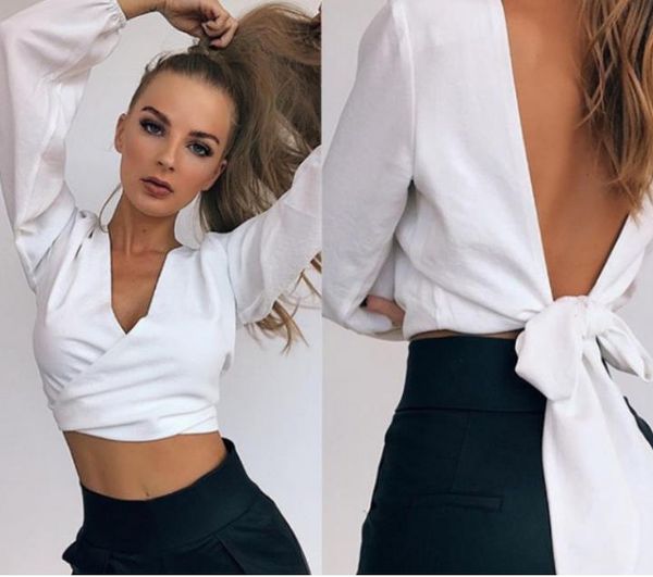 

backless short sexy tshirt женщины глубокий v шеи полный рукавом crop top white tshirt лук женщины майка топы тис белый красный