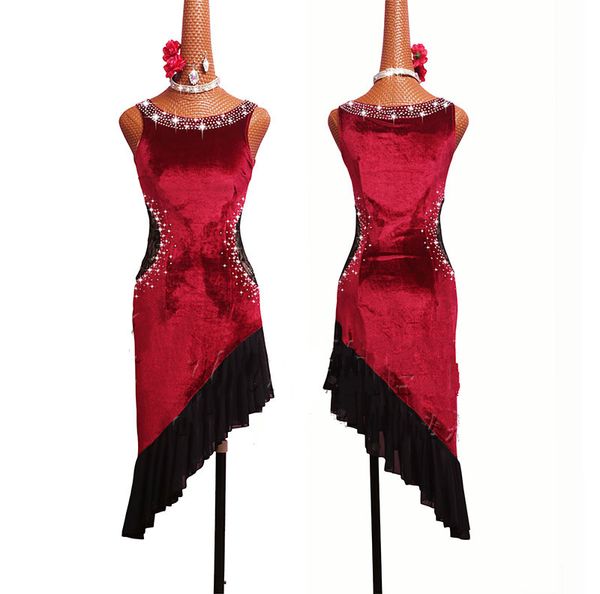

stage wear latin dance dress women high-end burgundy velvet slim practice skirt competition costume black lace, Black;red