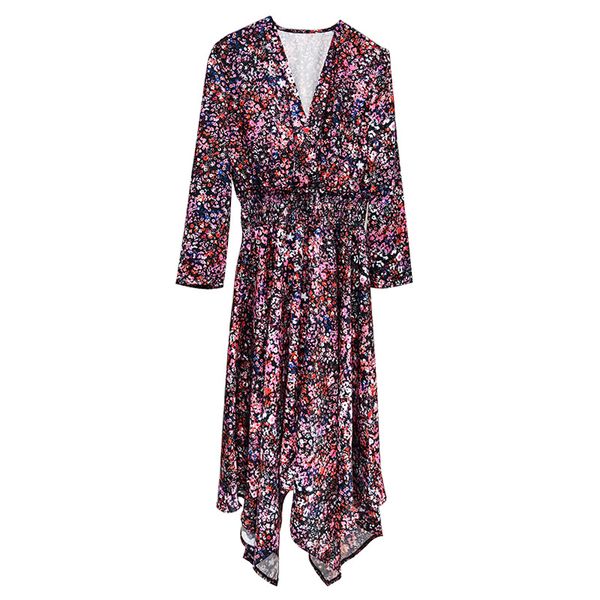 

женщины dresses2020 весна и лето новый v-образным вырезом нерегулярные цветочные длинные пляжные платья тонкий, Black;gray