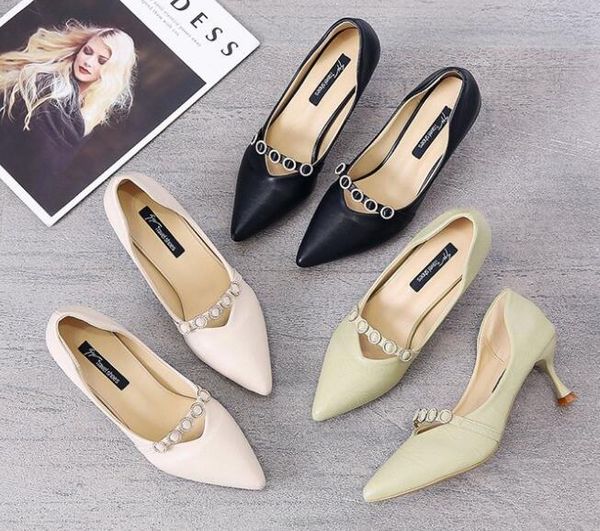 

spring and autumn 2020 new fashion all-go-with-trend high heels women stiletto pointed toe single shoes pearl decorated high, Black