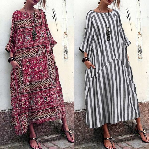 

summer maxi dress women's striped sunddress 2019 zanzea bohemian 3/4 sleeve baggy vestido female o neck patchwork robe plus size, Black;gray