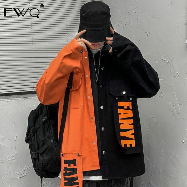 

ewq / 2019 autumn new fashion men's clothing personality hit color letter patchwork loose denim jackets for male and female a271, Black;brown