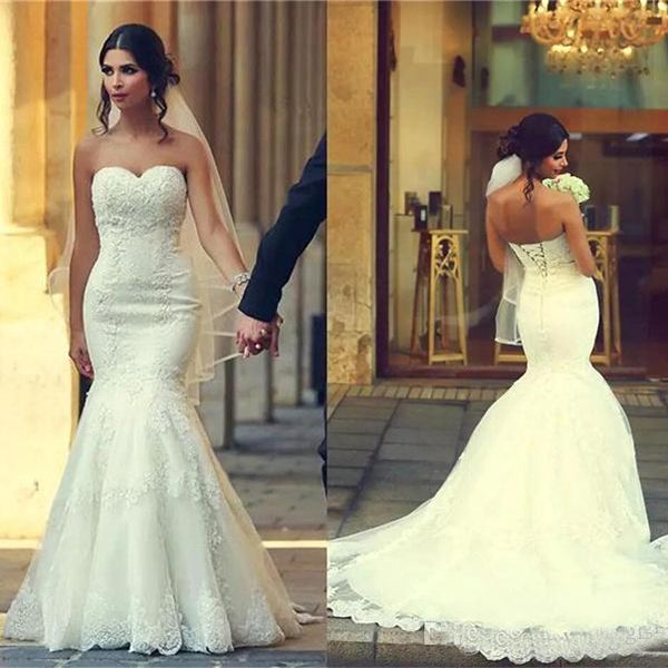 Spitze Meerjungfrau Brautkleider Mhamad Sweetheart Lace Up Back Hofschleppe Applikation Hochzeit Brautkleider