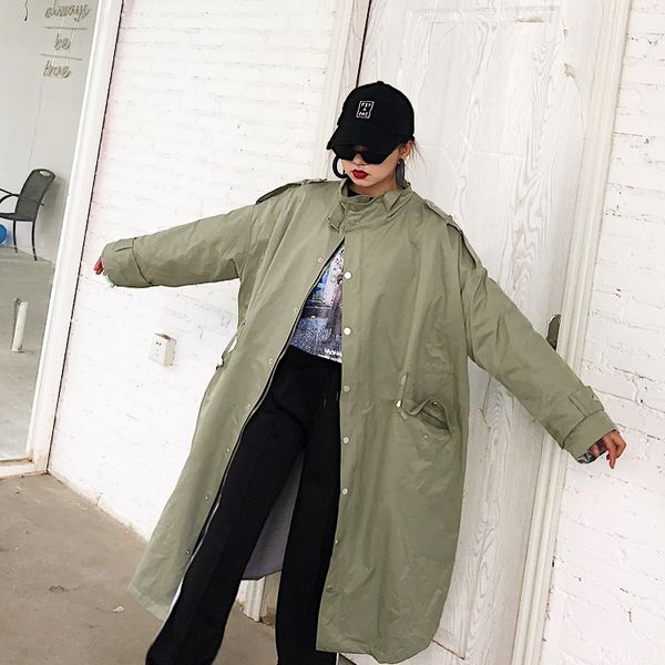 

women's trench coats spring outfit coat female bf personality buckle ring high collar rope pull back loose oversize medium and long sty, Tan;black