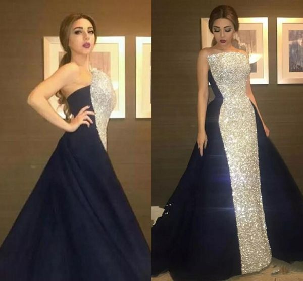 

Sparkling Strapless Prom Dresses Long Sequined Lace And Satin Celebrity Evening Dress Back Zipper Formal Red Carpet Gowns Party Wear