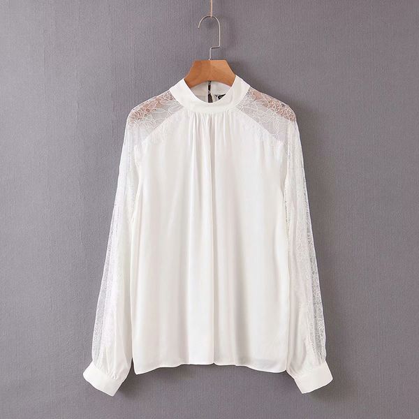 

female autumn white stitching 2019 new satin shoulder lace tulle round neck long-sleeved shirt women's office commuter sexy