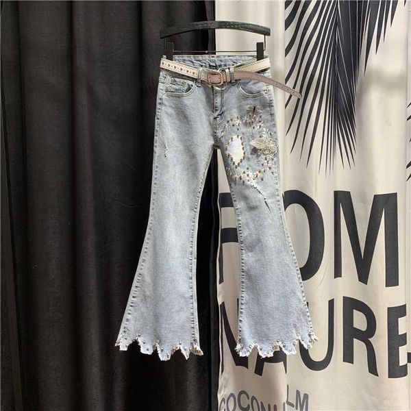 

high waist beads ripped jeans trousers women 2020 spring autumn new ins tassels pants ladies denim flare pants, Blue