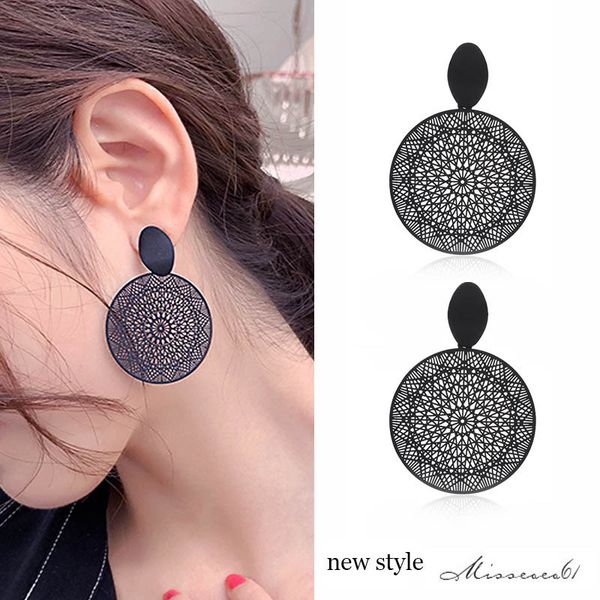 

maxi openwork round earrings retro pattern black round temperament long earrings fashion personalized earring, for party, club, show, gift, Silver
