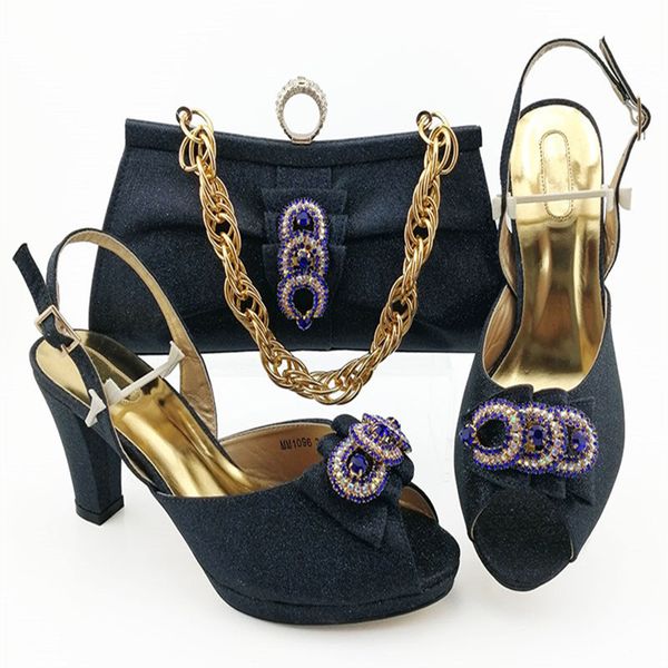 

2019 decorated with rhinestone pumps shoes and bag set new arrival ladies african party shoes and bag to match set yd-1096, Black
