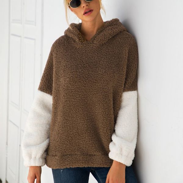 

women pullovers hooded loose pullover splice jumper long sleeve color patchwork fluffy winter casual hoodoes, Black