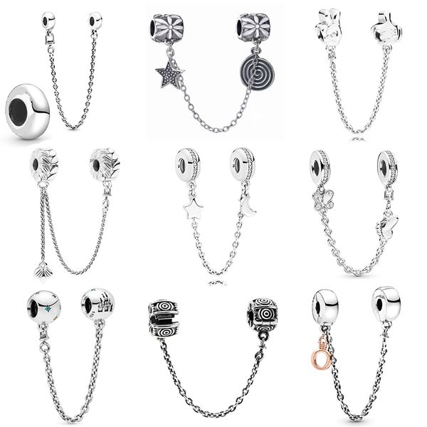 

new 2019 100% 925 sterling silver pandora parks castle crown o safety chain charm clear cz fit diy original bracelet jewelry women gift, Black