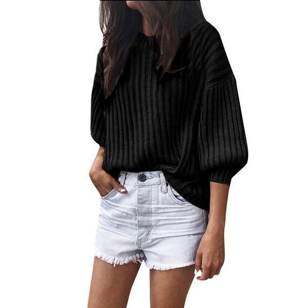 

jaycosin sweater women fashion solid o-neck loose knitted 3/4 latern sleeve pollover knit sweater blouse women 2019, White;black
