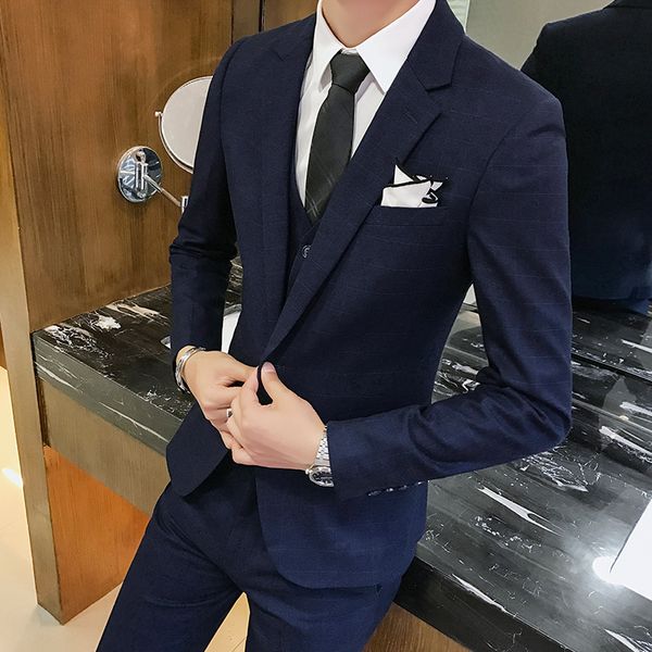 

menne men's suit gentleman's british-korean version of slimmed plaid suit men's dress, White;black