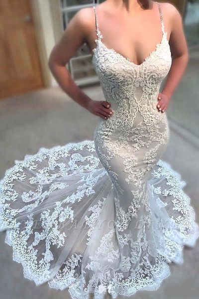 

spaghetti straps lace mermaid beach wedding dresses fulle lace tulle applique bohemia wedding bridal gowns robes de mariée, White