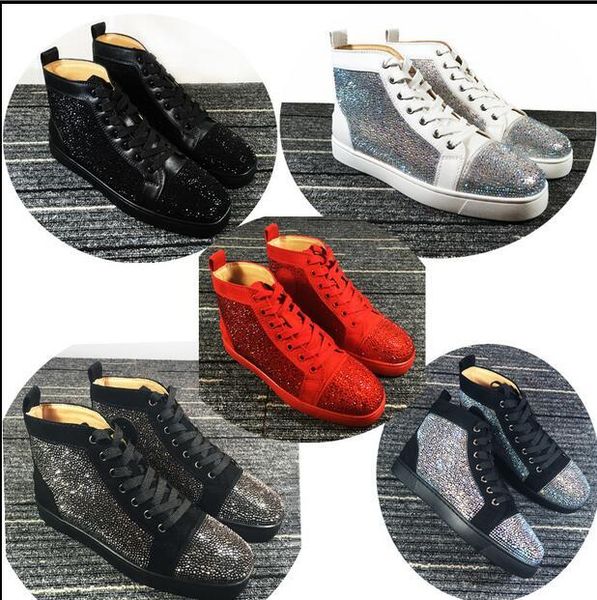 

christian louboutin cl new arrival design mens women black suede with crystals rhinestone high red bottom sneakers, casual