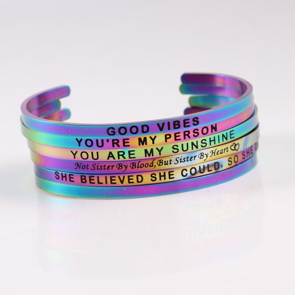 

1pc 4mm rainbow stainless steel bar bangle engraved positive inspirational quote cuff mantra bracelets for women men gifts, Black