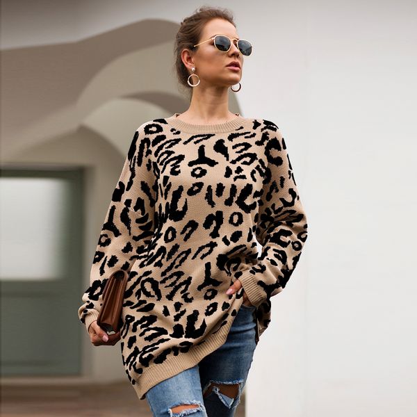 

2019 woman leopard knitted sweater winter print long sleeve female pullovers casual sweater loose female sweaters christmas hot, White;black