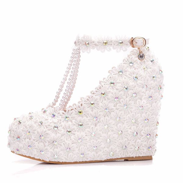 Белые кружевные свадебные туфли ручной работы с Т-образным ремешком и пряжкой, свадебные модельные туфли на высоком каблуке 11 см, женские туфли-лодочки с кристаллами AB277k