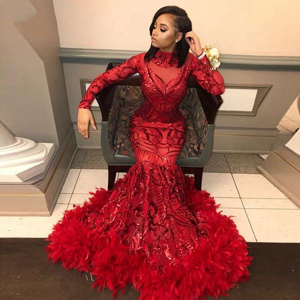 

Black girl graduation prom dre e long high neck glitter red equin mermaid party gown with feather african evening dre