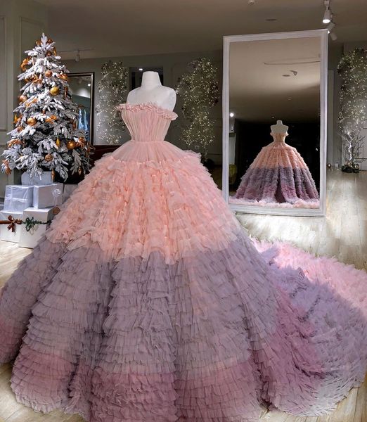 

New Arrival Strapless Pink Ball Gown Evening Dresses 2019 Tiered Skirts Prom Dress Formal Evening Gowns robe de soiree Abendkleider