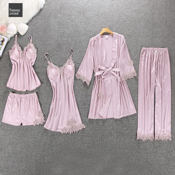

пижама пижамы женщин 5 шт атласная pijama silk главная носите сна одежда вышивка lounge pajama с прокладками chest, Black;red