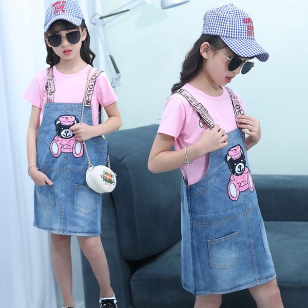 

kids designer clothes girls suit summer clothes 2020 children's denim belt skirt short sleeve casual two-piece suit summer tide, White