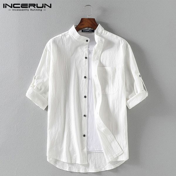

men solid color shirt cotton stand collar breathable 3/4 sleeve harajuku streetwear 2020 men casual shirts s-5xl incerun, White;black