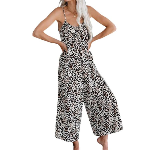 

2020 new fashion ladies v-neck leopard print loose large size ladies suspenders jumpsuit, Black;white